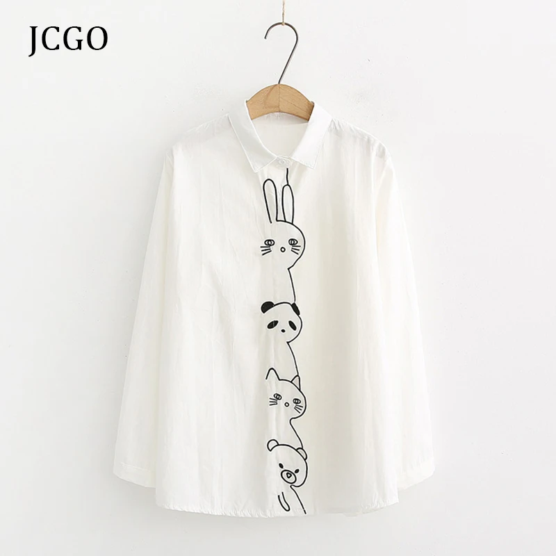 JCGO 2020 m. Pavasarį Paprastas Baltas Moterų Palaidinė Marškinėliai Medvilnės Atsitiktinis Animacinių filmų Siuvinėjimo Pledas ilgomis Rankovėmis Mielas Mergaičių Marškiniai