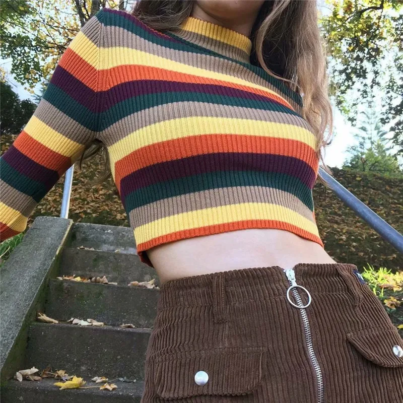 2019 m. rudens ir žiemos naujas mados spalvų juostelės aukšta apykakle ilgomis rankovėmis džemperis moterims, gatvės Slim stretch-megztinis (puloveris) Ms