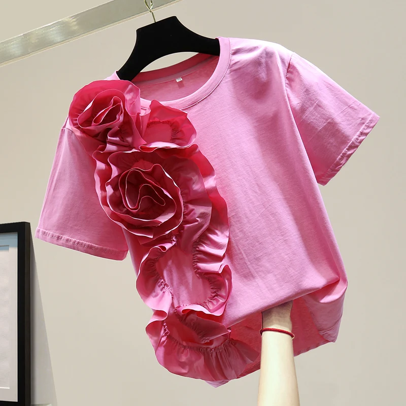 Sunkioji Pramonė trimatis Gėlių T-shirt Moterų 2020 M. Vasarą korėjos Mados Kietas Susiuvimo Susiėmę Marškinėliai, Ponios Viršūnes Tees