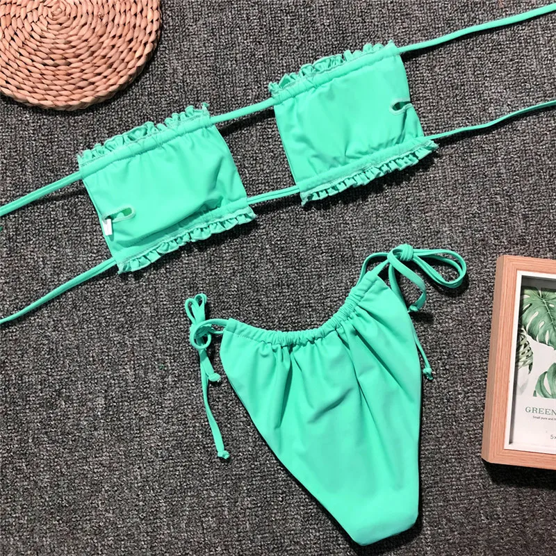 2019 Seksualus Pynimas Bandeau Micro Bikini String Thong Swimsuit Moterys Push Up Maudymosi Kostiumėliai, Vasaros Paplūdimio Aukštos Sumažinti Bikini Maudymosi Kostiumas