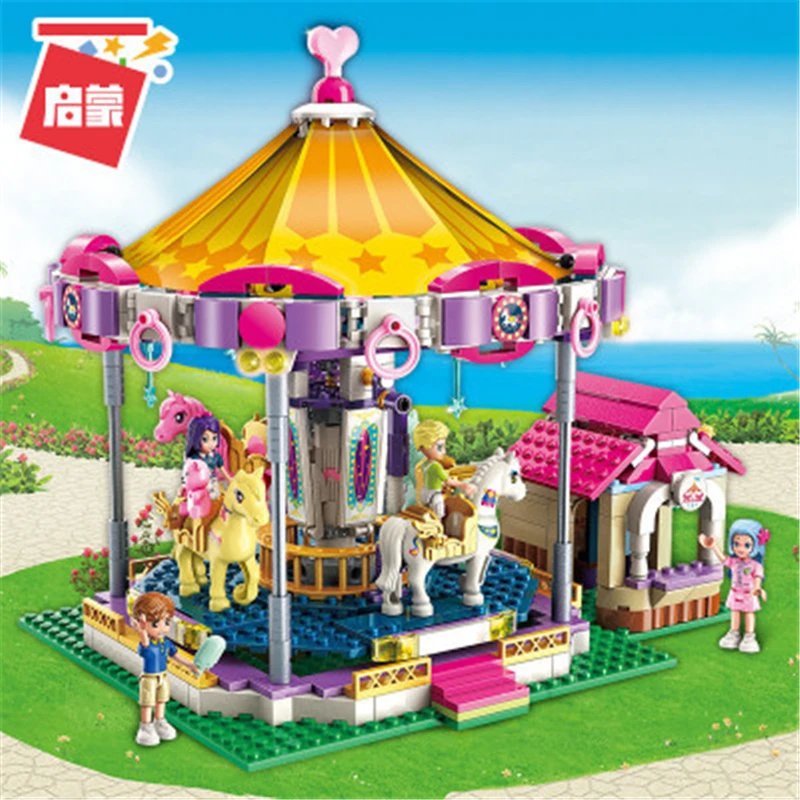 APŠVIESTI Mergaičių Miestas Draugas Princess Fantasy Spalvinga Karuselė Holiday Statybinių Blokų Rinkinius Vaikams, Žaislai Suderinama