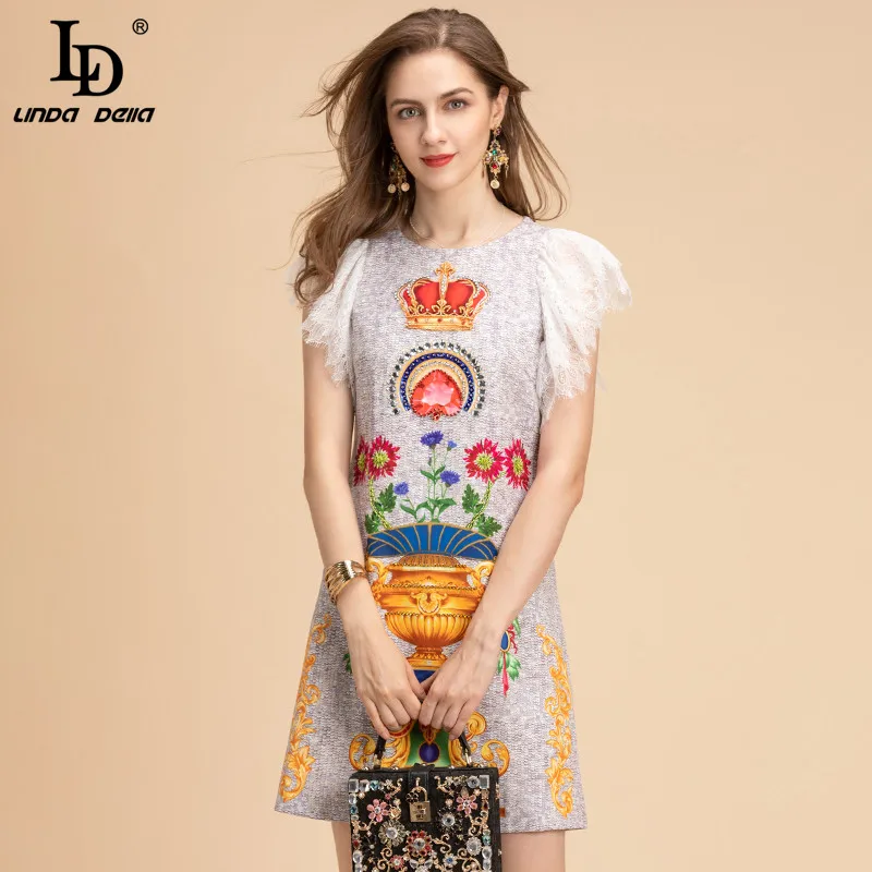 LD LINDA DELLA 2020 Mados Dizaineris Vasaros Suknelė Moterų Nėriniai Trumpas rankovės Duobute Derliaus Blizgučiais Spausdinti Ponios Prarasti Mini Suknelė