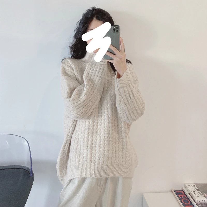 2020 M. Žiemos Korėjos Stiliaus Moterų Atsitiktinis Sutirštės Minkštos Vilnos, Sumaišytus Megzti Golfo Megztinis Ilgomis Rankovėmis Negabaritinių Megztinis