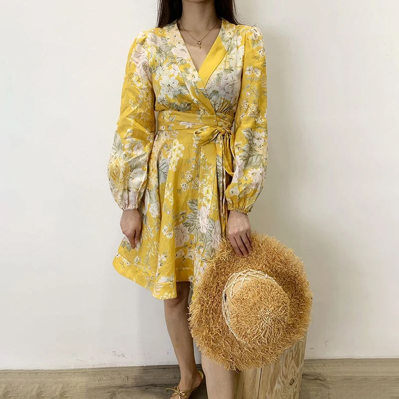 VGH Spausdinti Suknelė Moterims V Kaklo Žibintų ilgomis Rankovėmis Aukštos Juosmens Nėrinių Geltona Mini Suknelės Moterų 2020 M. Vasarą Naujų Drabužių Banga