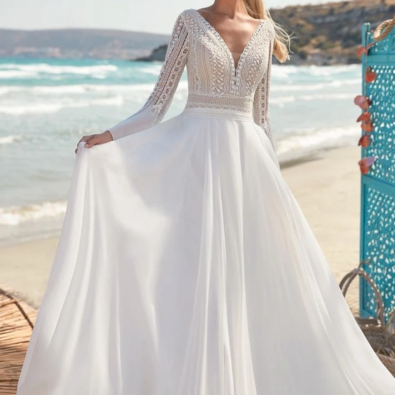 Long Sleeve Lace V-Neck Grindų ilgis Vestuvių Suknelė Boho Bohemijos Nuotakos Suknelė Šifono Paprasta Paplūdimio Derliaus Moterų, Nuotakų Pigiai