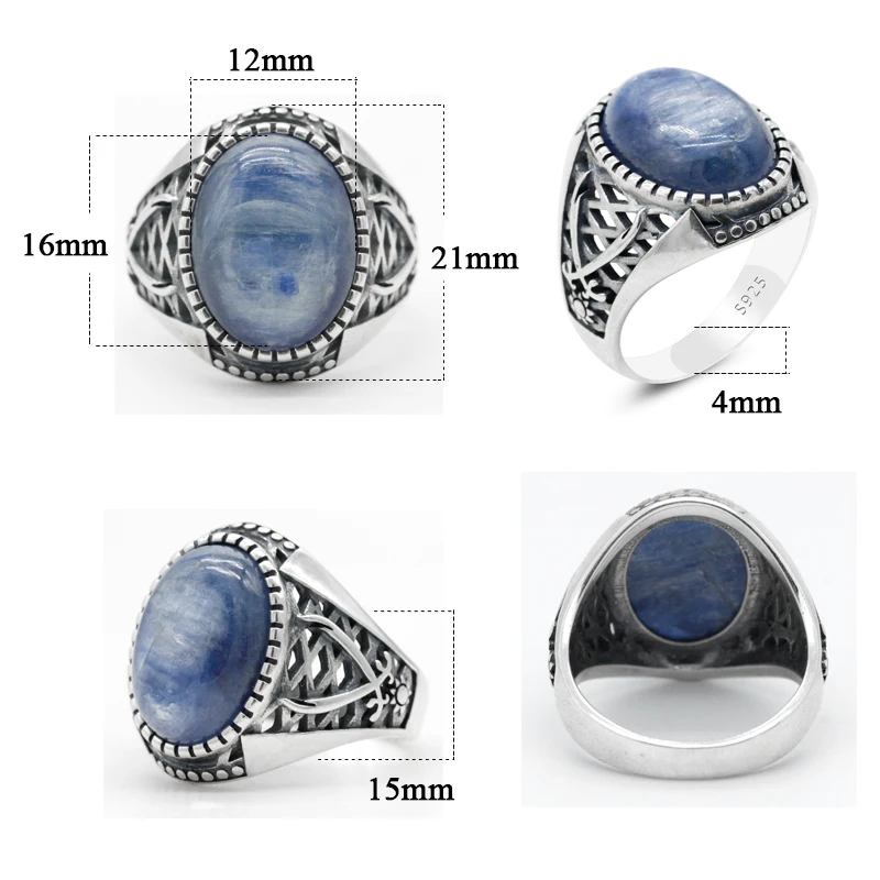 Natūraliai mėlyname Kianitas Vyrų Žiedas 925 Sterlingas Sidabro Musulmonų Vyrų Žiedai su Dviem Kardais Simbolis Islamo Religinių Įsitikinimų, Papuošalai