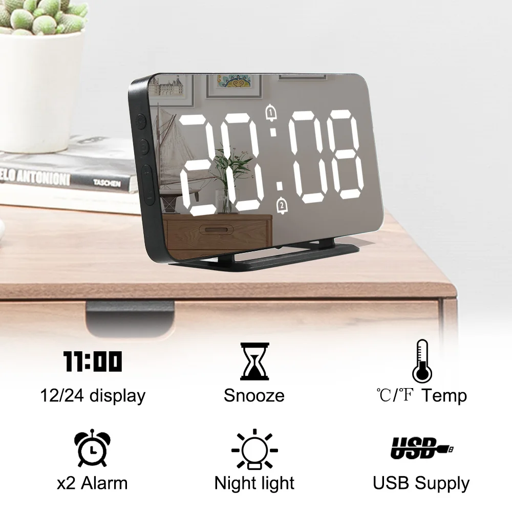 Skaitmeninis LED Laikrodis-Žadintuvas Atidėjimo Laiko Rodymas Naktį Led Stalas Stalas USB Įkroviklis Uostai Androd Telefono Signalą Veidrodis, Laikrodis