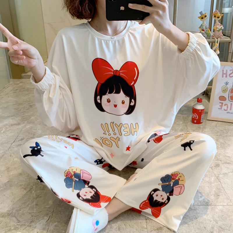 Japonijos Anime Kiki Pristatymo Paslaugos Moterų Pižama Ponios ilgomis Rankovėmis Viršūnes Kelnes Pijama M-3XL Plius Dydžio naktiniai drabužiai Mergaitėms Pyjama