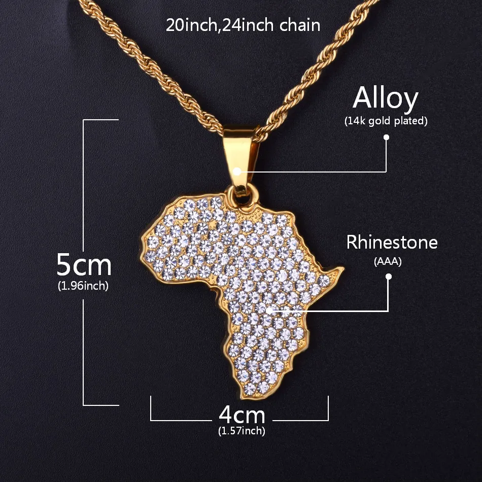 Afrikos Žemėlapis Pakabukas Karoliai Bling Kalnų Krištolas Crystal Aukso Spalvos Hip-Hop Grandinės Vyrų/Moterų Dovana Afrikos Juvelyriniai Dirbiniai Didmeninė
