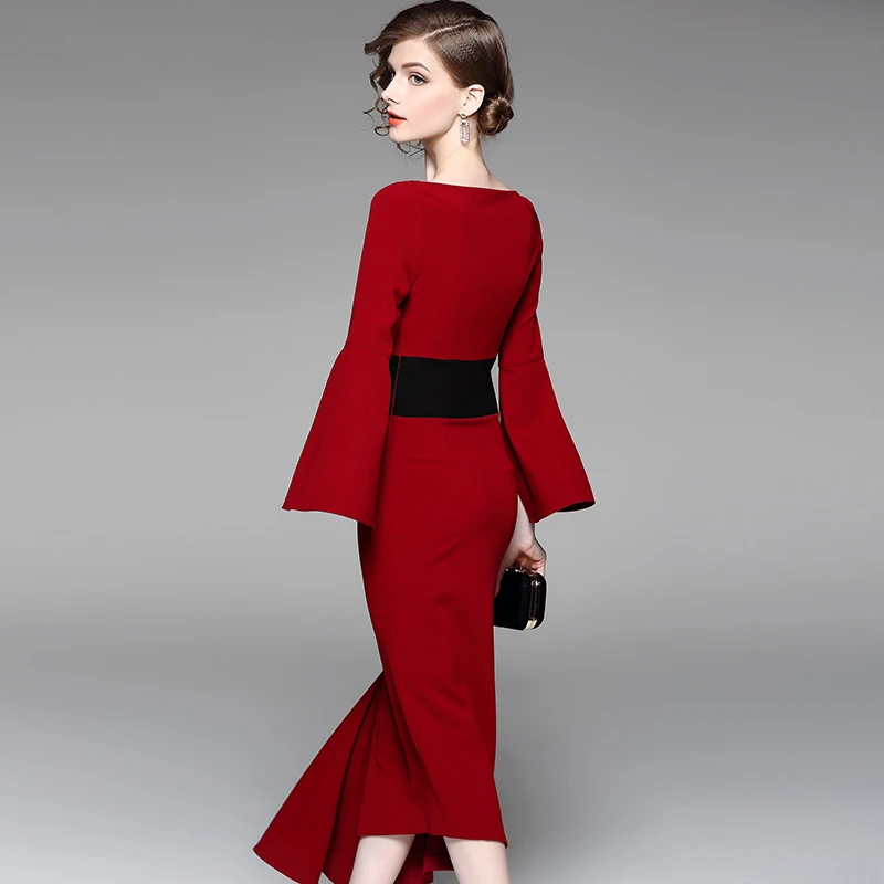 MARKOWO Dizaineris Prekės 2020 Naujų Neteisėtų Juosmens, Plonas Temperamentas Raudonos spalvos Ilgas Sijonas Moterų Pokylių Suknelė