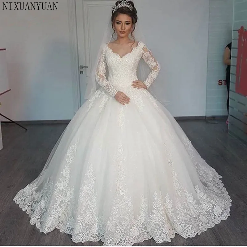 Naujas Romantiškas V-kaklo Elegantiškas Princesė Vestuvių Suknelė iki 2021 m. ilgomis Rankovėmis Appliques Įžymybė Kamuolys Suknelė vestido De Noiva
