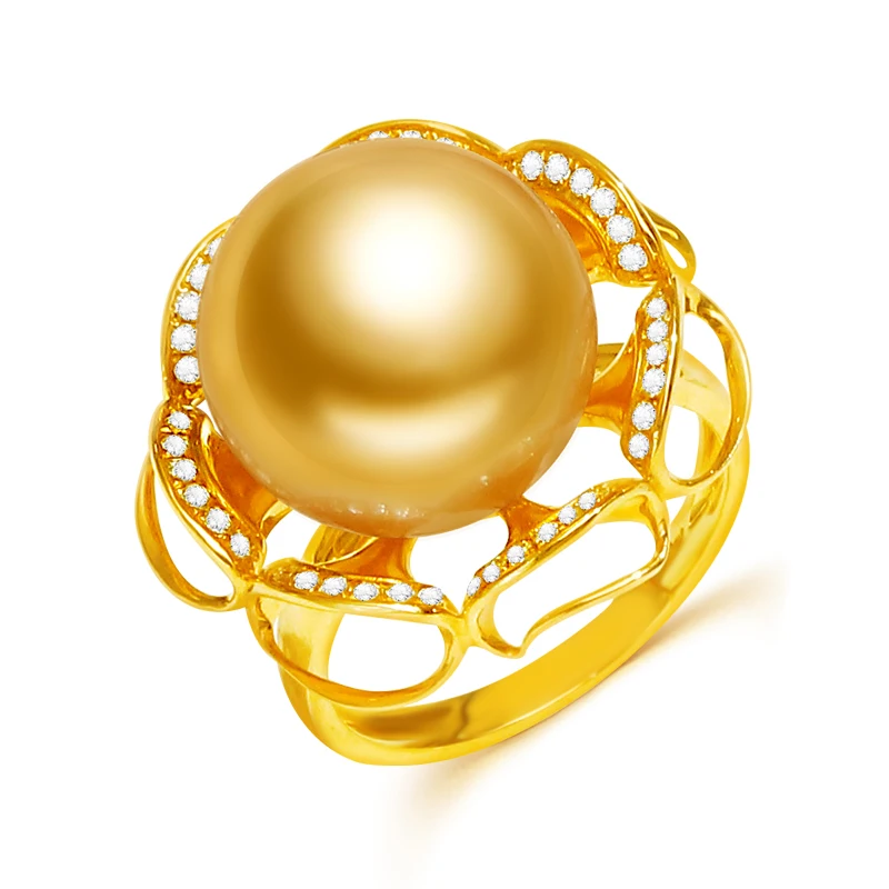 YS 3.6 Gramų 14 karatų Aukso 13-kaip 14mm Originali Sūraus Pietų Jūros Perlas Žiedas Vestuvių Fine Jewelry