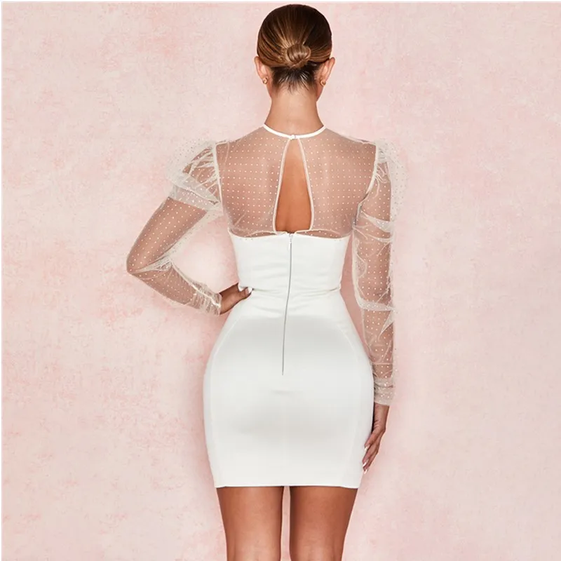 Akių Susiuvimo Blizgančiais Suknelė Moterims Seksualus Banga Taškas Matyti Per O-kaklo, ilgomis rankovėmis, Baltos spalvos Suknelės 2020 M. Pavasarį Naujas Stilius