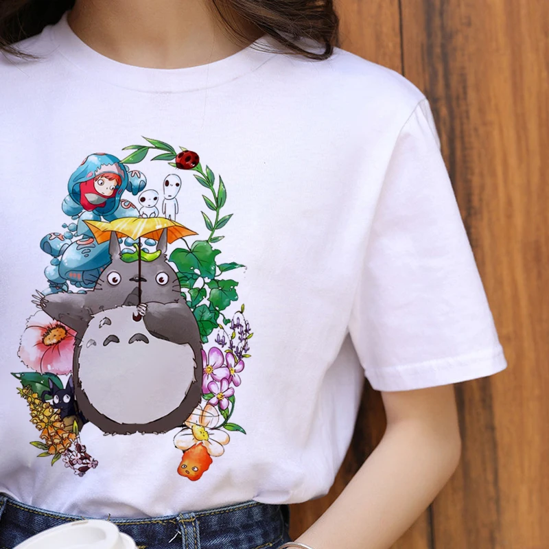 Mados Dvasią ir Totoro Juokinga T-Shirt Kawaii Gyvūnų Šalies Balta Trumpas Viršūnes Moterų Drabužiai Mielas O-Kaklo Katė Animacinių filmų Moterų Marškinėliai