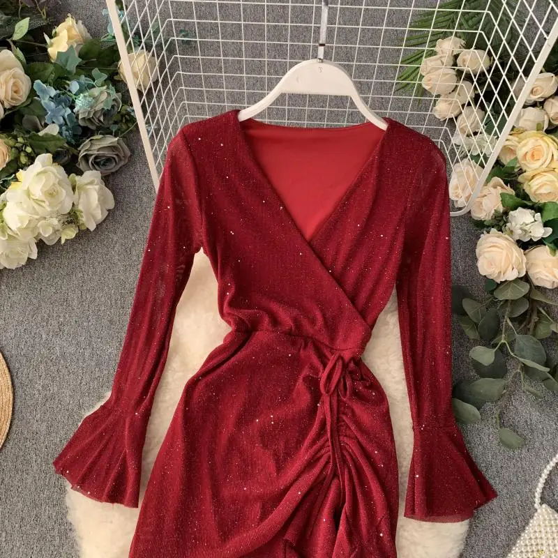 2019 Naujas Mados Šviečia China Nereguliarus Pynimas Hem Mini Suknelė Vintage V-kaklo, ilgomis Rankovėmis Raišteliu Juoda/Raudona Suknelė moterims
