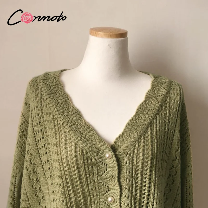 Conmoto Nėriniai kablys gėlių V-kaklo perlų mygtuką megzti megztinis kailis Atsitiktinis megztinis megztinis Elegantiškas rudenį ponios megztinis viršūnės
