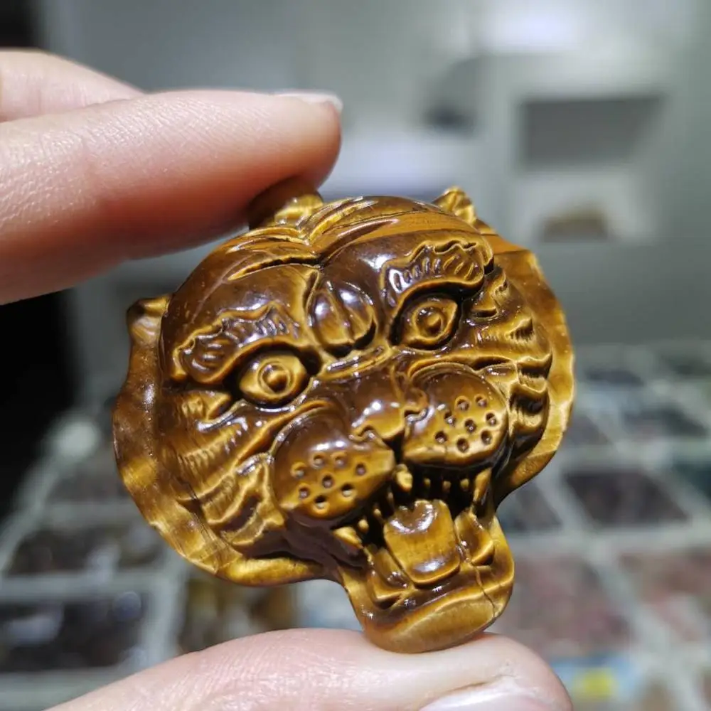 4cm Gamtos Tigro akis, akmens raižyti tigro galva Statulėlės kvarco kristalo skulptūra
