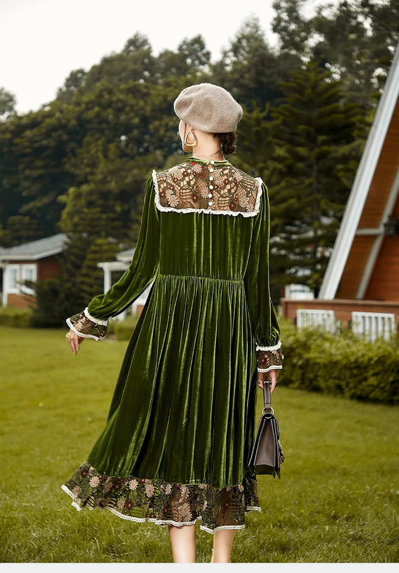 Šilko Neklijuotinė Drugelis Rankovės Moterų Rudenį Ir Žiemą Naujas Vintage Stiliaus Rūmai Prarasti Vidutinio Ilgio Nėrinių Spliced-line Suknelė S-XL