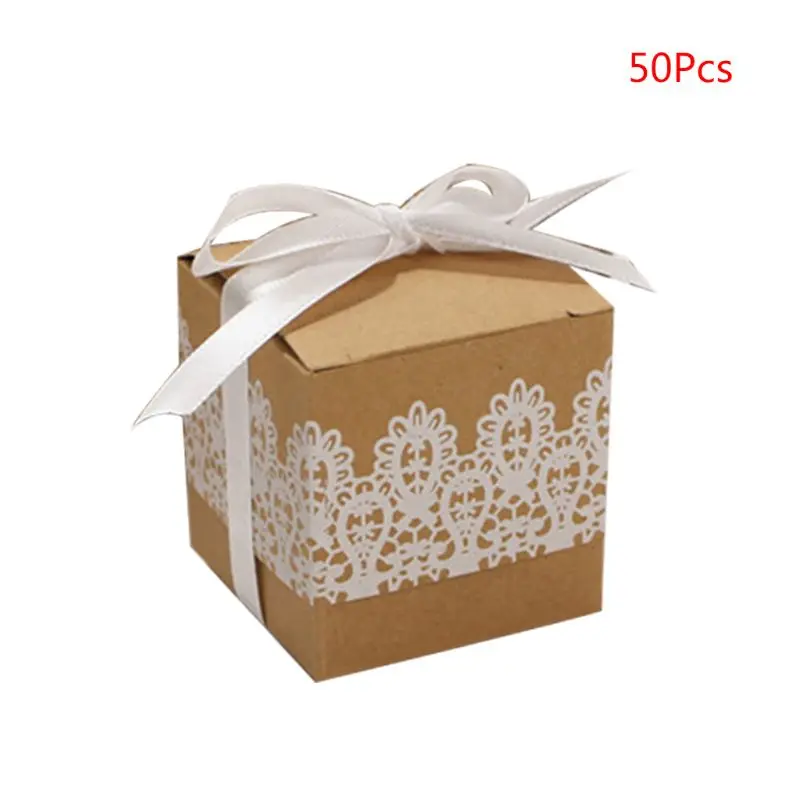 50pcs/pak Kraft Popieriaus, Saldainių Dėžutė Mielas Dekoratyvinis Saldus Pakavimo Dėžės su Kaspinu ir Nėrinių Vestuvės Saldainių Pakuotės Dėžutė