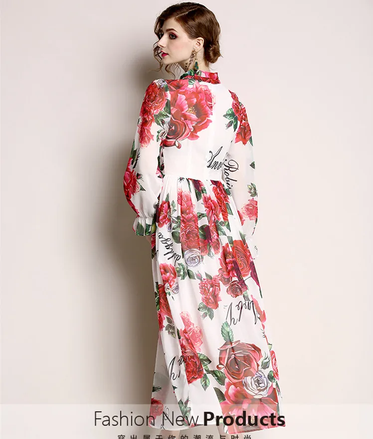 Lady Šifono Suknelė Vasaros kilimo ir tūpimo Tako Maxi Suknelės, Plius Dydis Moterų Ilgas Rankovėmis Varpo Elegantiškas Lankas Rožių Gėlių Spausdinti Ilga Suknelė