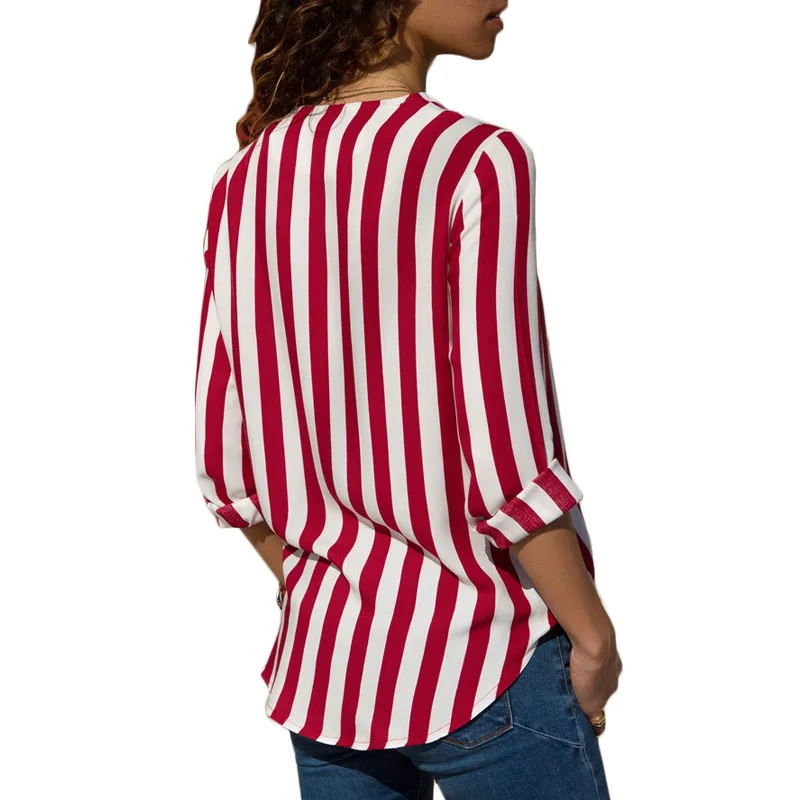 Moterų Palaidinė su V-kaklo Šifono ilgomis Rankovėmis Stripe Marškinėliai Visas Rankovės Streetwear Raudona, Juoda ir Balta Spalvos Laisvalaikio Moteriški Marškinėliai