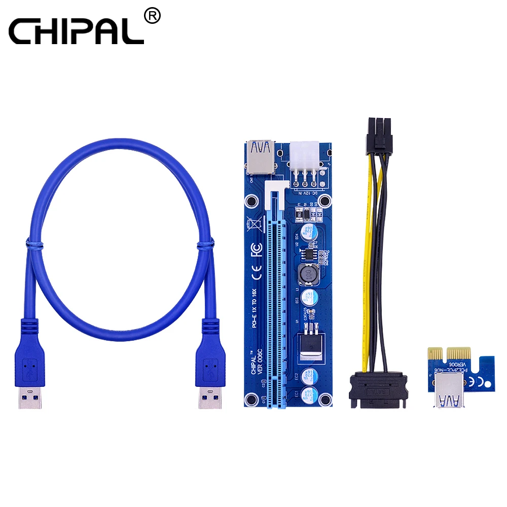 CHIPAL VER006C PCI-E Riser Card PCI Express 1X PCIE į 16X Adapteris 100CM 60CM USB 3.0 Kabelis SATA 6 Pin Maitinimo Bitcoin Mining
