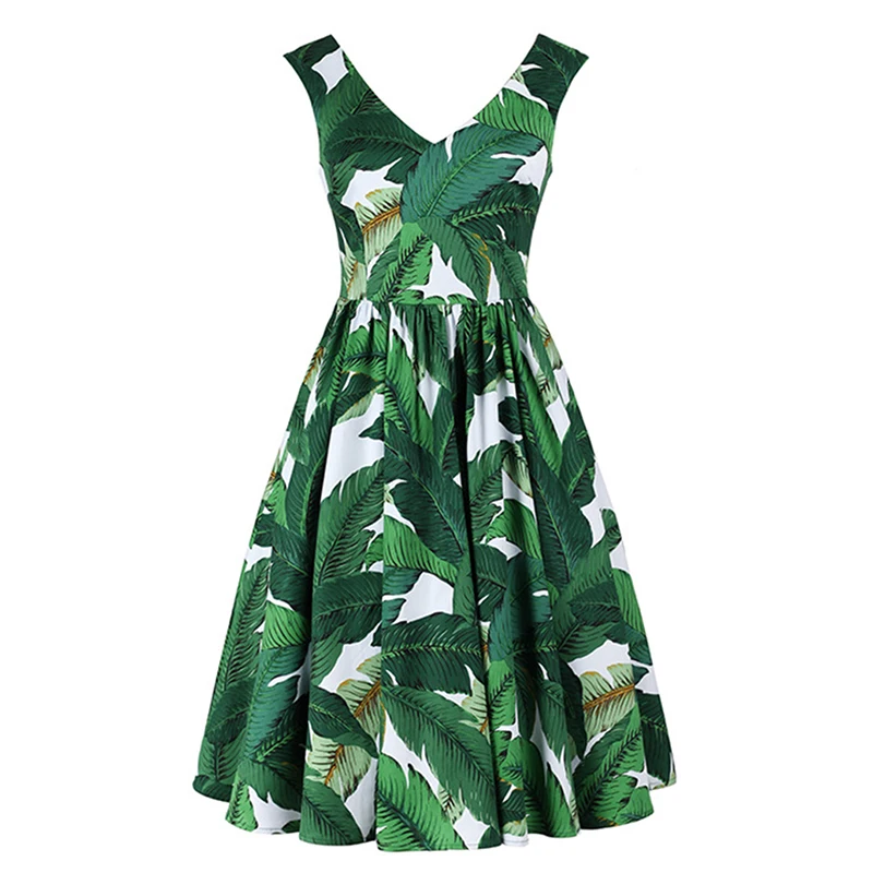 50s 60s 40s Moterų Vintage Retro Suknelės Rankovių Linija, V Kaklo Atogrąžų Bananų Lapų Žalia Spausdinti Šalis Suknelė Feminino Vestidos