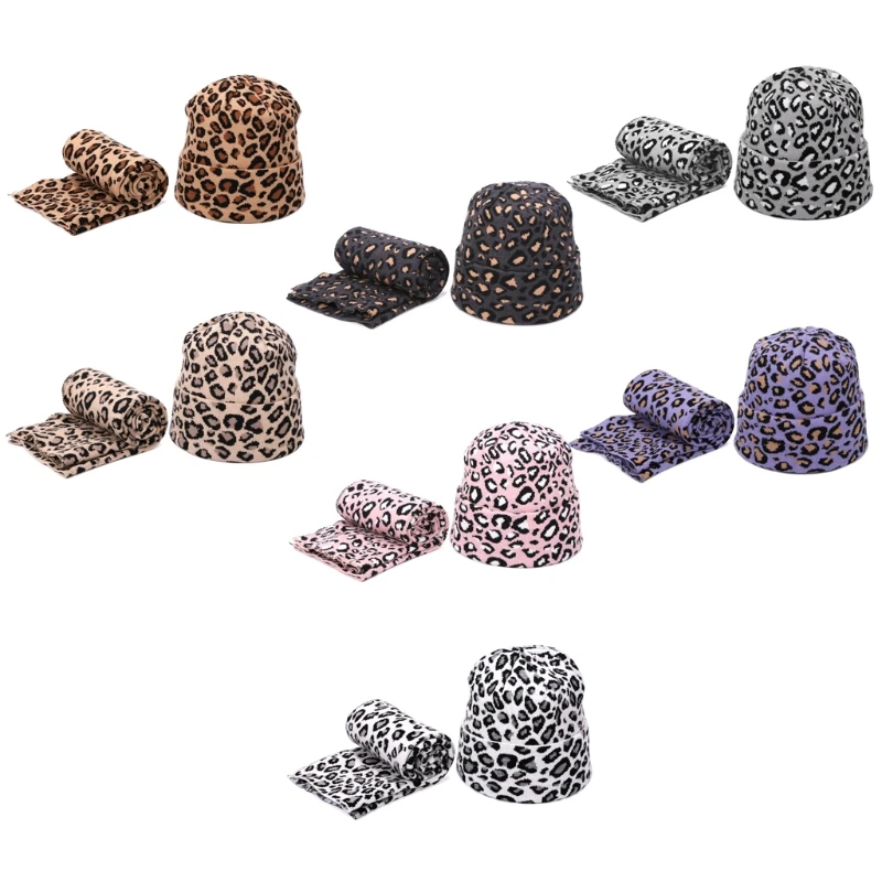 2vnt Žiemos Moterų Vilnos Kepuraitė Skrybėlę, Šaliką Rinkinys Leopardas Spausdinti Dėmės Seksualus Lauko Šiltas Apsidraudimo Kepurės