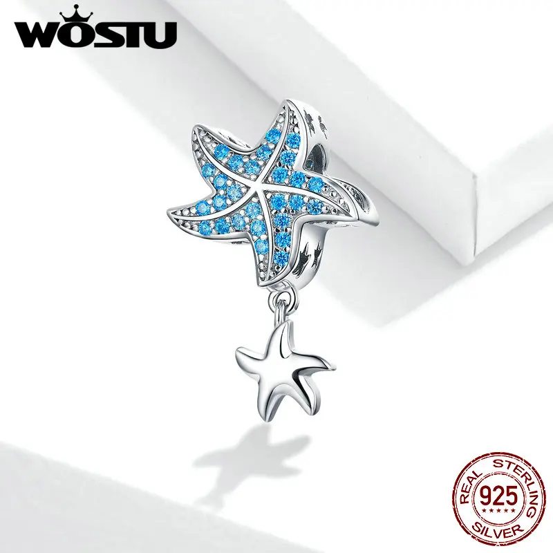 WOSTU Žvaigždė Pakabukai 925 Sterling Silver Blue AAA Cirkonis Vandenyno Starfish Pendant Karoliukai tinka Originalios Apyrankės 