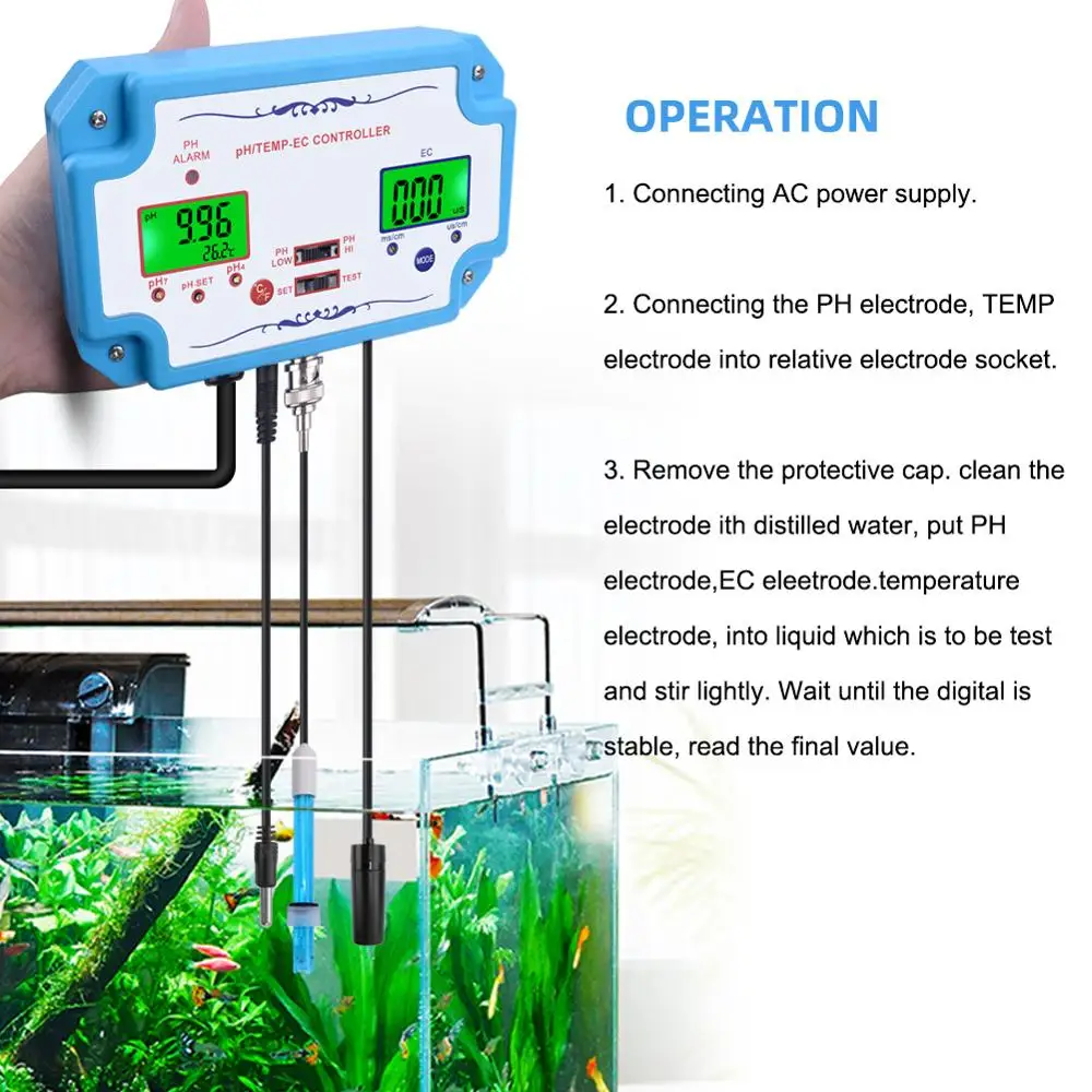 Yieryi Internete 3 in 1 pH/EC/TEMP Vandens Kokybės Detektorius PH Reguliatorius Su Plug Relay Repleaceable Elektrodas BNC Tipo Zondas