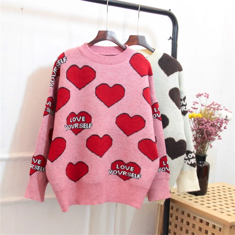 Moterys, Negabaritinių Megztinis ir Puloveriai Oneck Sweet Heart Laiškai Spausdinami Traukti Džemperiai Long SLeeve Pink Streetwear Mezgimo Viršūnės