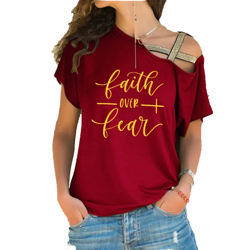 Tikėjimas Per Baimę Moterų marškinėliai Vasaros femme medvilnės Nereguliarus Nerijos Kryžiaus Tvarstis Viršūnės