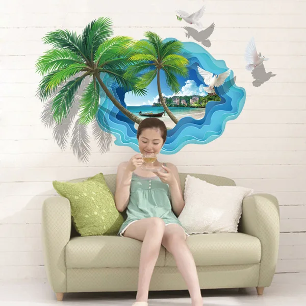 Coco Beach 3D Miegamojo Kambarį Apdaila, Nuimamas PVC Sienų Lipdukai