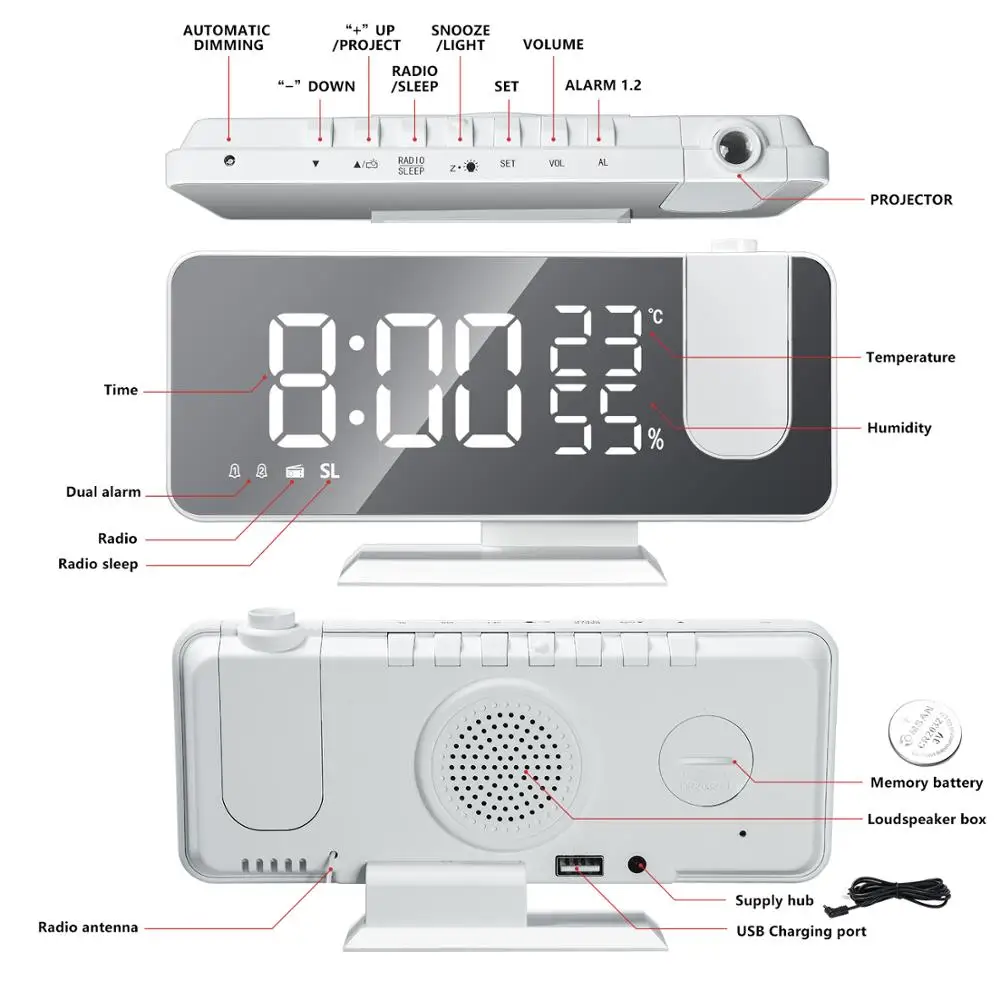LED Skaitmeninio formato Žadintuvas Lentelė Elektroniniai žadintuvai su Projekcija, FM Radijas Laiko Projektorius Miegamojo Lovos Laikrodis