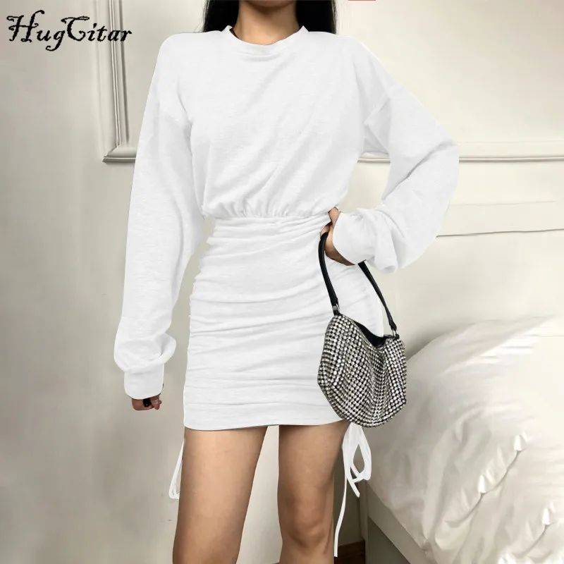 Hugcitar 2020 Long Sleeve Ruched Tvarstis Seksuali Mini Suknelė Rudens Žiemos Moterų Mados Streetwear Laisvalaikio Apranga