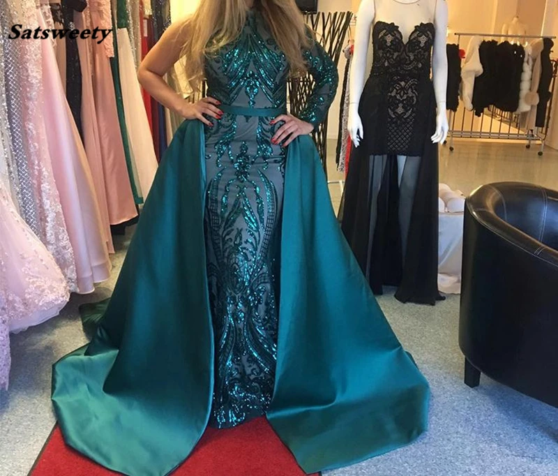 Prabanga Tamsiai Žalia, Vakaro Suknelės 2020 Vieną Petį Undinė Blizgučiais Promenadzie Suknelė Su Nuimamais Traukinio Užsakymą