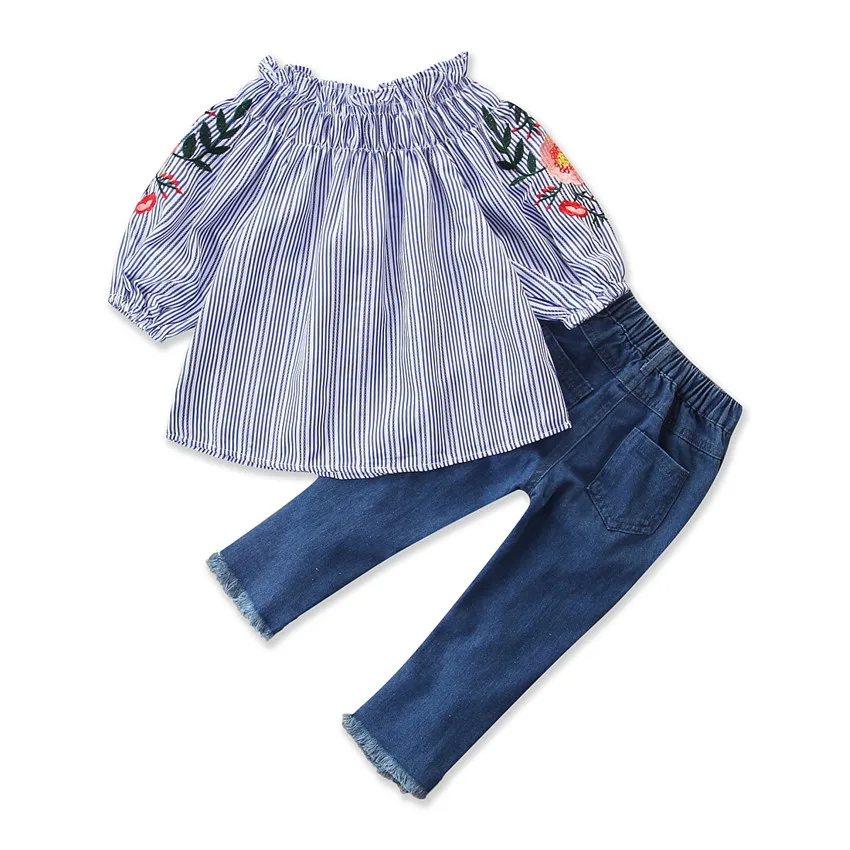 Pavasario Kūdikių Mergaičių Boutique Komplektus Mados ilgomis Rankovėmis Juostelė Siuvinėjimui Gėlių T-marškiniai+Džinsai Vaikams Drabužių Rinkiniai BC1757