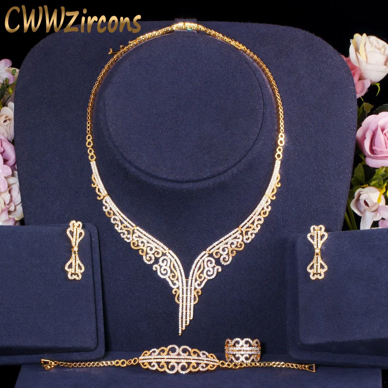 CWWZircons 4 vnt Derliaus Elegantiškas Kubinis Cirkonis Vestuvių Vestuvių Papuošalų Rinkinys Afrikos, Etiopijos Aukso Spalvos Kostiumų Priedai T417