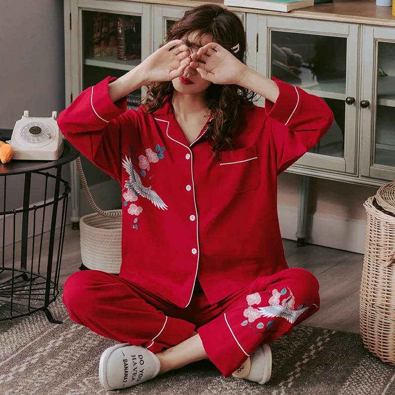 Gyvūnų pižama moterims, raudona švenčių spausdinimo ponios kostiumas atvartas ilgomis rankovėmis pižama nustatyti namuose paslaugų didelis metrų 3XL pižamos moteris