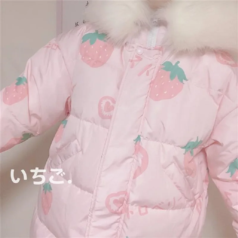 Rudenį, Žiemą Japonijos Moterų Saldus Lolita Outwear Mielas Braškių Spausdinti Gobtuvu Kailis Merginos Kawaii Šiltas Parkas Lady Mados Parkas