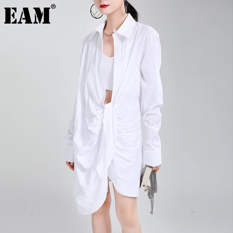 [EAM] Moterys, Baltos spalvos Klostuotas Nereguliarus Mezgimo Suknelė Naują Atvartas ilgomis Rankovėmis Palaidi Tinka Mados Banga Pavasario Rudens 2021 1DA220