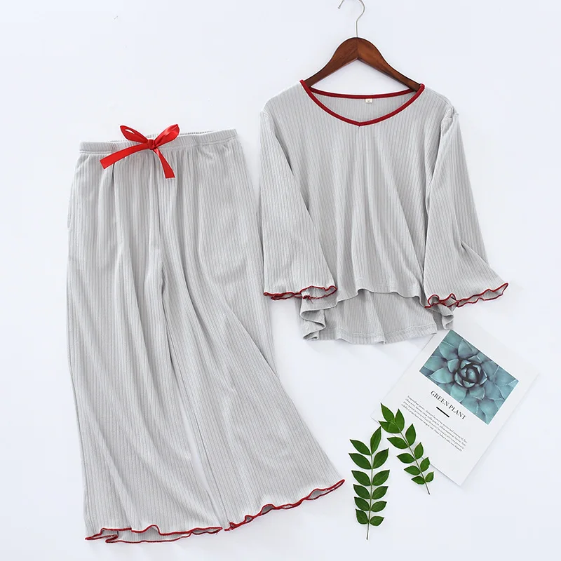Plus size skersaruožių mezgimo medvilnės pižama rinkiniai moterims Naujos rudenį nuimto derliaus rankovėmis, kelnės kokybės pižamos moterims sleepwear