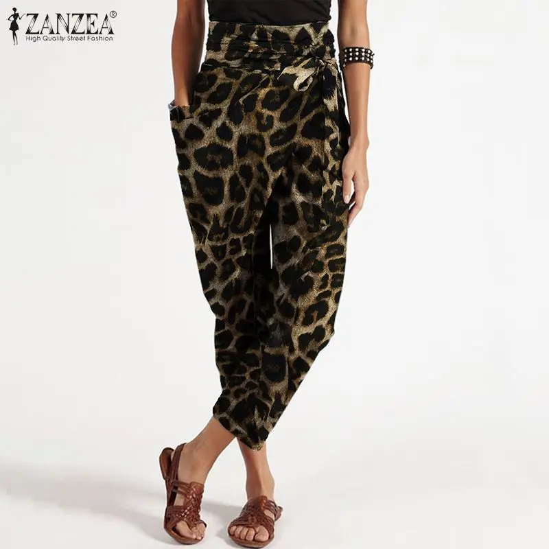 ZANZEA 2021 Elegantiškas Spausdinti Haremo Kelnės Moterų Leopard Kelnės Atsitiktinis Pantalon Palazzo Juostinės Moterų Nereguliarus Ropė Plius Dydis