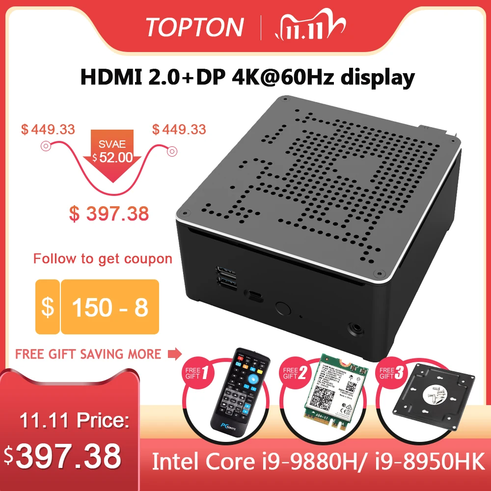 TOPTON 10 Gen Intel Nuc i9 10980HK 10880H i7 10750H Mini PC 2 Lan Win10 2*DDR4 2*NVME Žaidimų Kompiuterį 4K DP kaip hdmi2.0