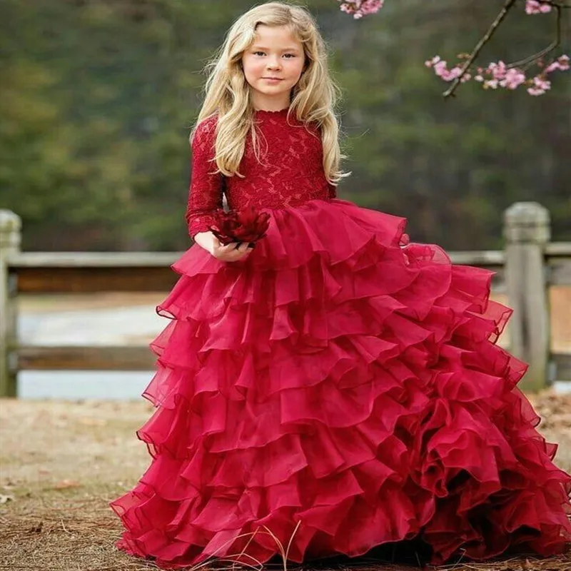 Raudona Skirtingų Mergaičių Drabužius Ilgomis Rankovėmis, O Ant Kaklo Organza Little Princess Gimtadienio Suknelė Inscenizacija Suknelė