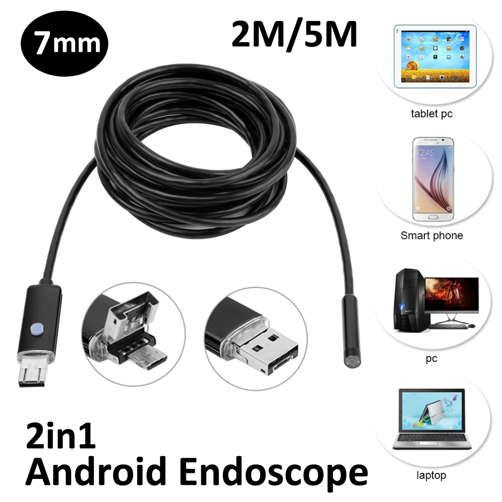 720P Android Endoskopą Camer 7mm Objektyvas 2M 5M OTG Lankstus, Minkštas Micro USB Gyvatė Vamzdžių Tikrinimo Borescope IP68 Vandeniui 6VNT LED
