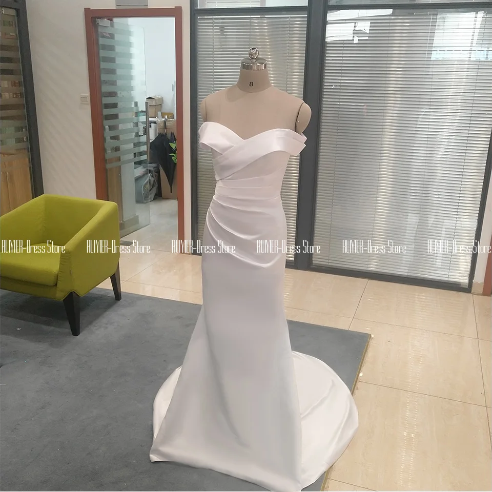 Balta Undinė Vestuvių Suknelės 2021 Nuo Peties Klostyti Nuotakos Suknelė Su Užtrauktuku Iki Sušluokite Atgal Traukinio Satino Vestuvių Suknelės Realios Nuotraukos
