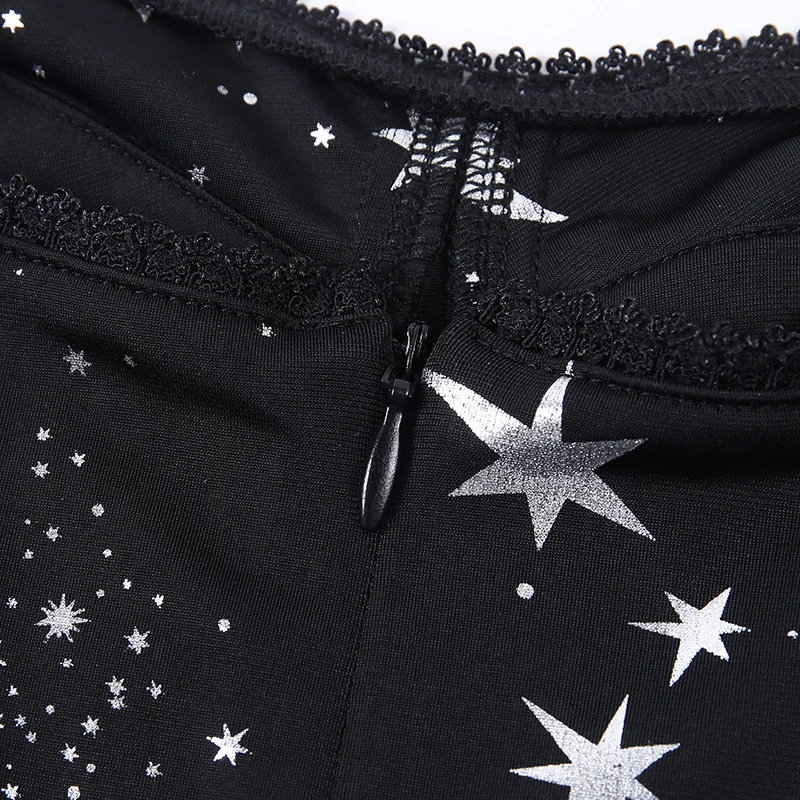 Gothblack Seksualus Spagečiai Dirželiai Mini Slim Suknelė Moterims Žvaigždžių Spausdinimo Juoda Plisuotos Suknelė Moteriška Šalis Mini Suknelės 2020 M. Vasarą