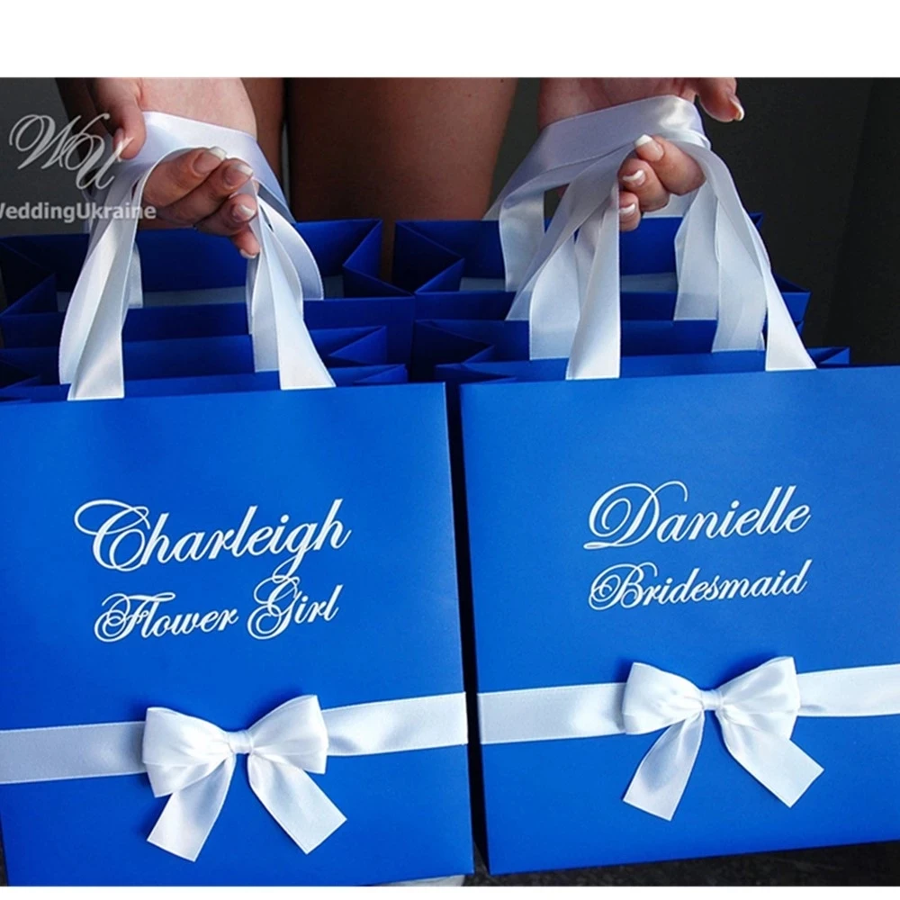 Asmeninį balta Pamergės dovanų maišelis su satino juostelės laivapriekio ir nestandartinių pavadinimas Nuotaka Dovanos Royal Blue Nuotakos Šalis džiaugtis Krepšys