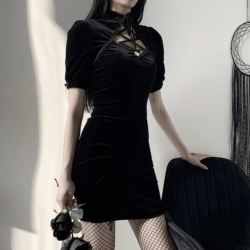Moteris Liesas Suknelė Merginą, Tamsiai Gotikos Stiliaus Stovėti Apykaklės, Trumpomis Rankovėmis Slim Suknelė Moterų Palace Šviesą Virš Kelio Suknelės